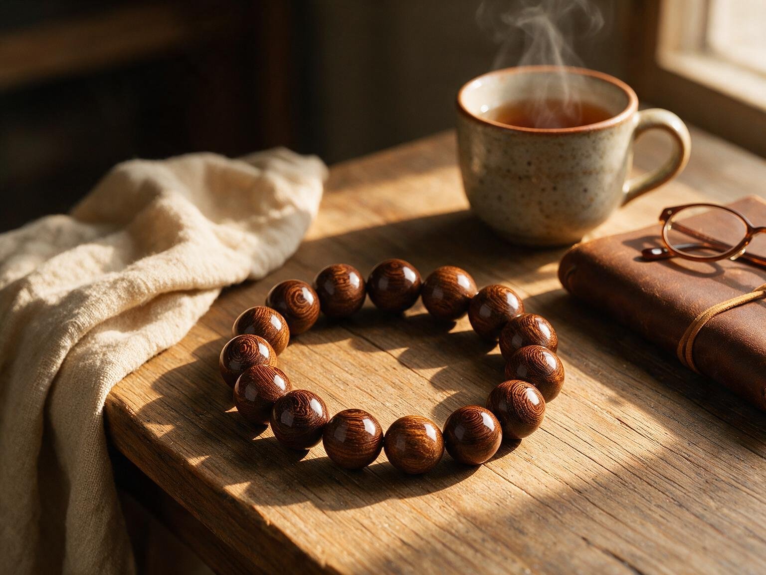 A worn wooden mala resting in golden light — years of companionship